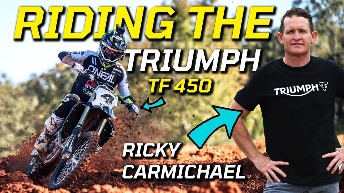 Tommy Searle riding the Triumph TF450 with Ricky Carmichael